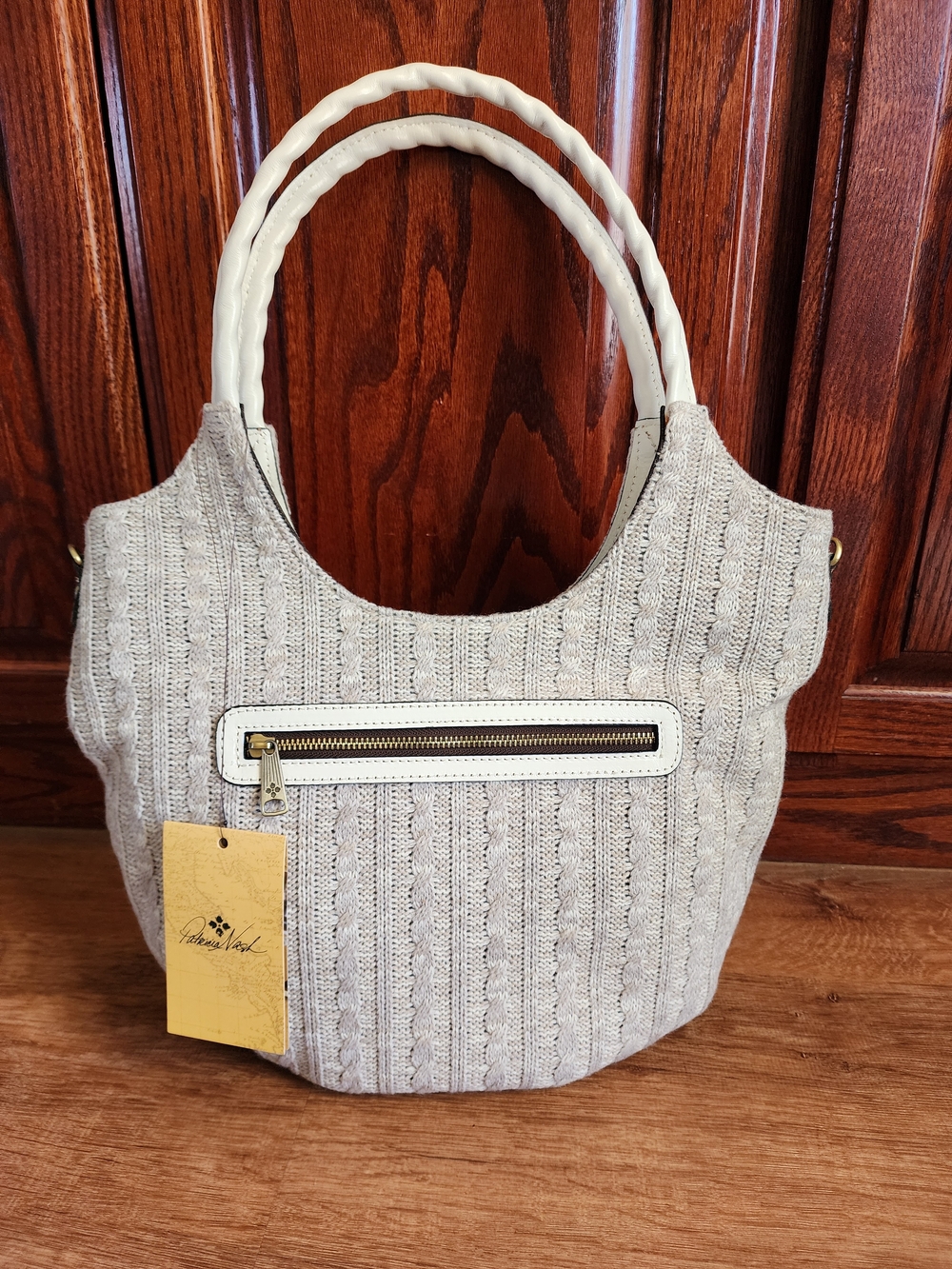 NWT Patricia Nash Cable Knit Hobo Bag Purse Beige White Leather Trim